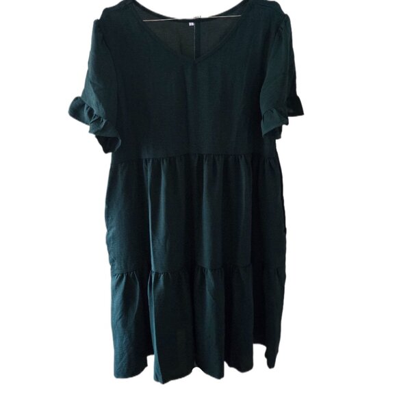 Qegar Emerald Green Boho Style Ruffle Short Sleeve Dress - Picture 1 of 3